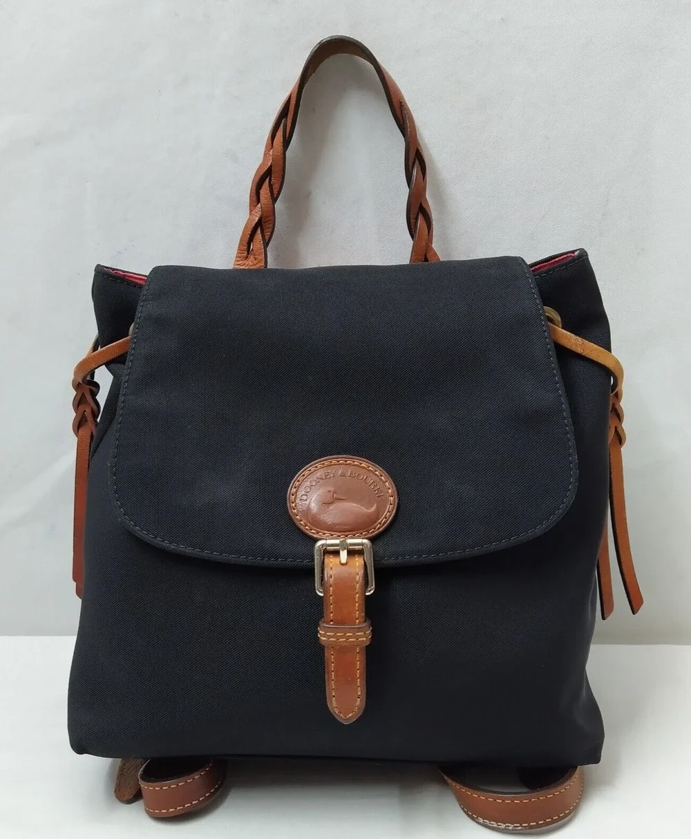 Dooney & Bourke Black Nylon Leather Trim Buckle Flap Closure Backpack